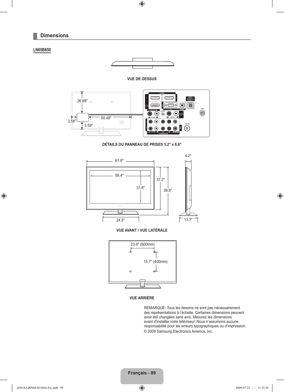 Dimensions | Samsung LN65B650X1FXZA User Manual | Page 286 / 286