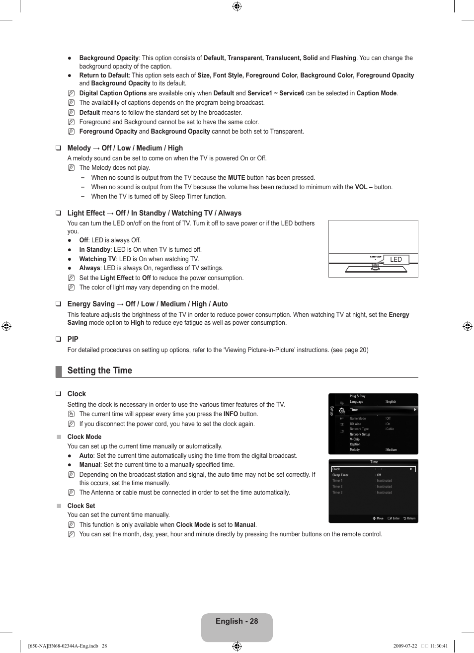 Setting the time, English - 28, Melody → off / low / medium / high | Energy saving → off / low / medium / high / auto, Clock | Samsung LN65B650X1FXZA User Manual | Page 30 / 286