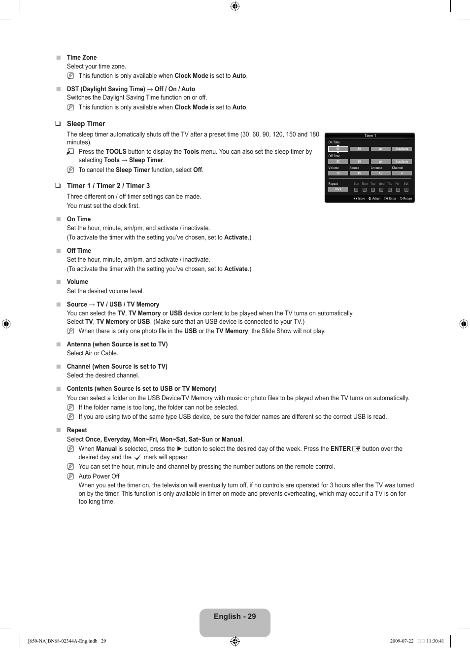 English - 29, Sleep timer, Timer 1 / timer 2 / timer | Samsung LN65B650X1FXZA User Manual | Page 31 / 286