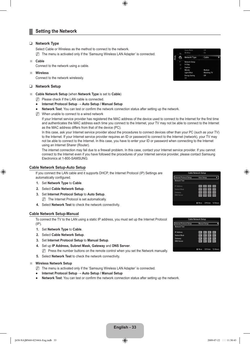 Setting the network, English, Network type | Network setup, Cable network setup-auto setup, Cable network setup-manual, N● ● n n n | Samsung LN65B650X1FXZA User Manual | Page 35 / 286