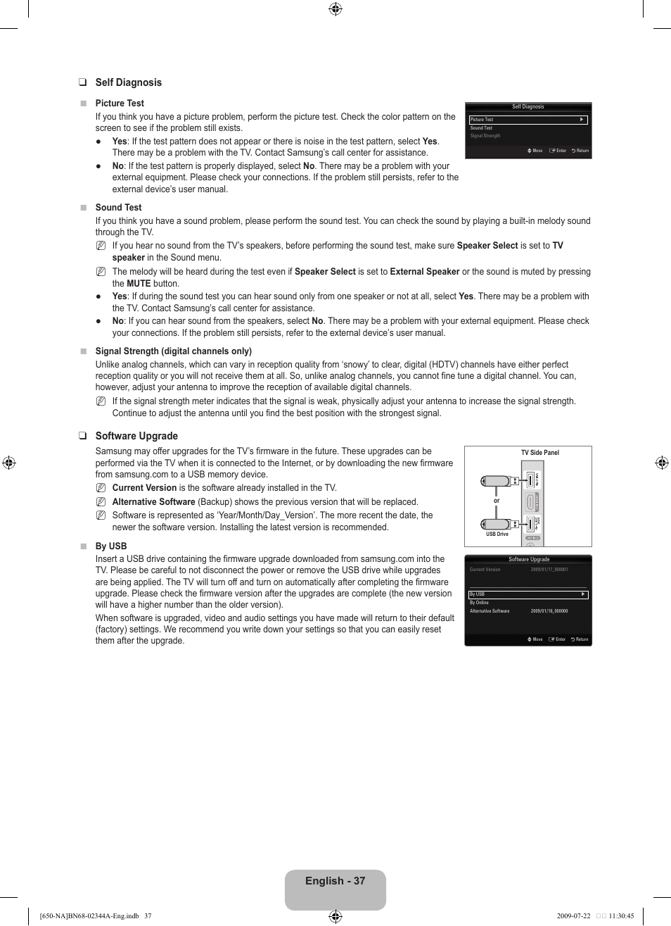 English - 7 self diagnosis, Software upgrade | Samsung LN65B650X1FXZA User Manual | Page 39 / 286