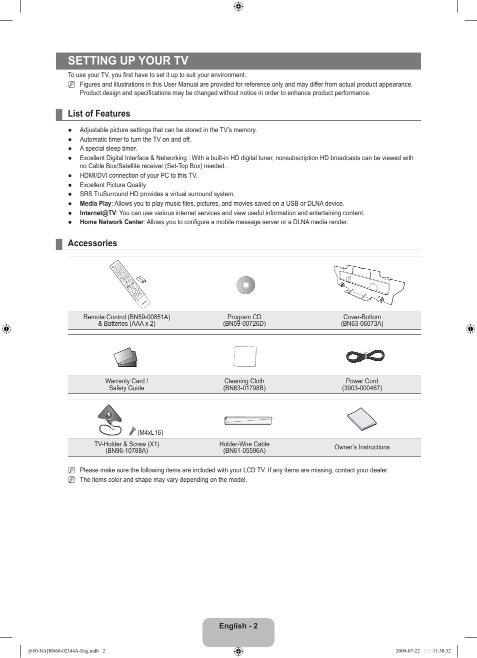 Setting up your tv, List of features, Accessories | Samsung LN65B650X1FXZA User Manual | Page 4 / 286