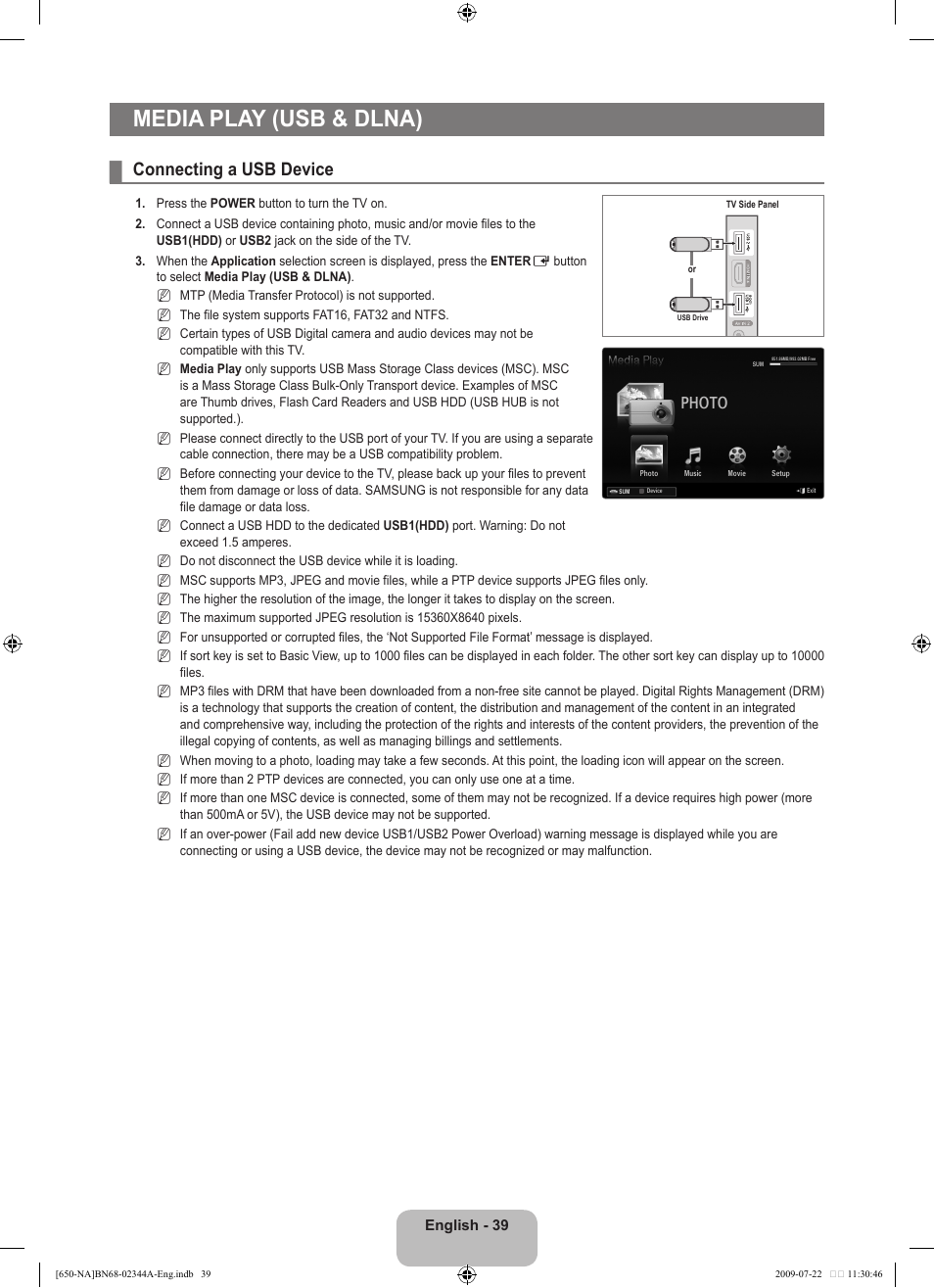 Media play (usb & dlna), Connecting a usb device, Photo | Samsung LN65B650X1FXZA User Manual | Page 41 / 286