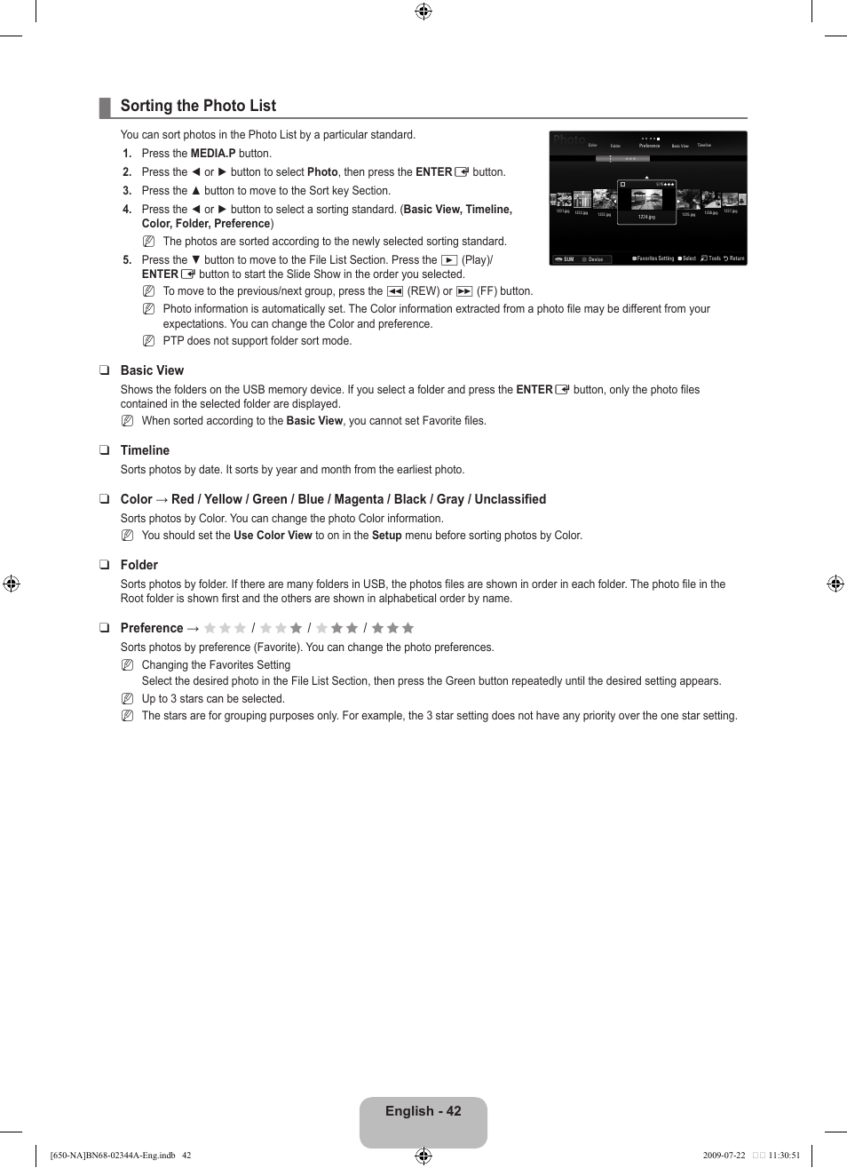 Sorting the photo list | Samsung LN65B650X1FXZA User Manual | Page 44 / 286