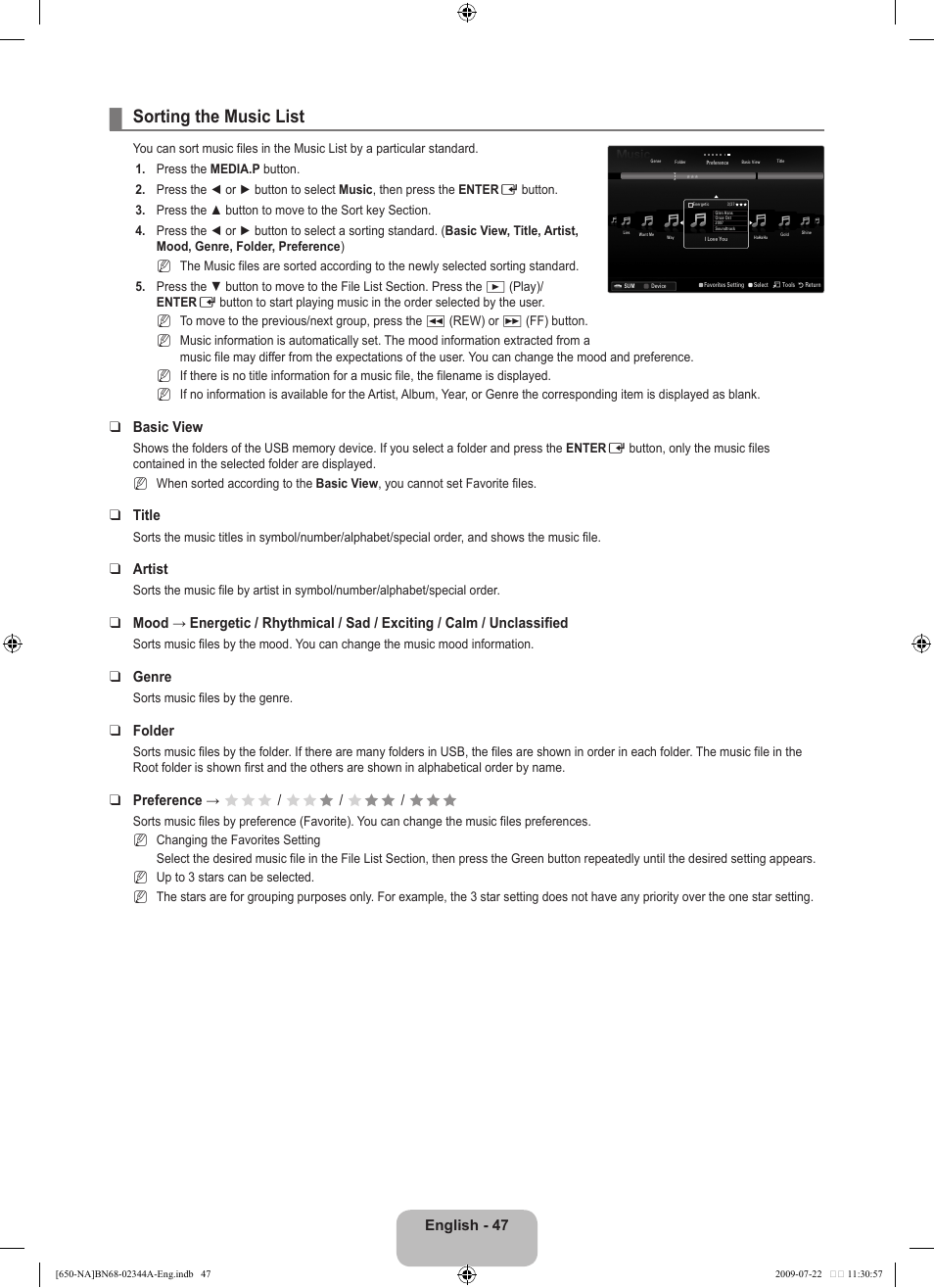 Sorting the music list, English - 47, Basic view | Title, Artist, Genre, Folder, Preference → fff / ff f / f ff / fff | Samsung LN65B650X1FXZA User Manual | Page 49 / 286