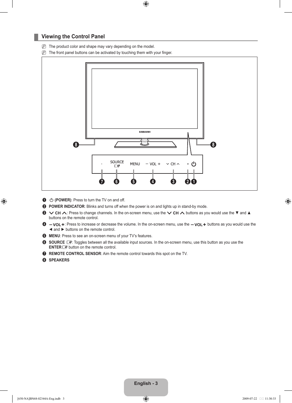 Viewing the control panel | Samsung LN65B650X1FXZA User Manual | Page 5 / 286