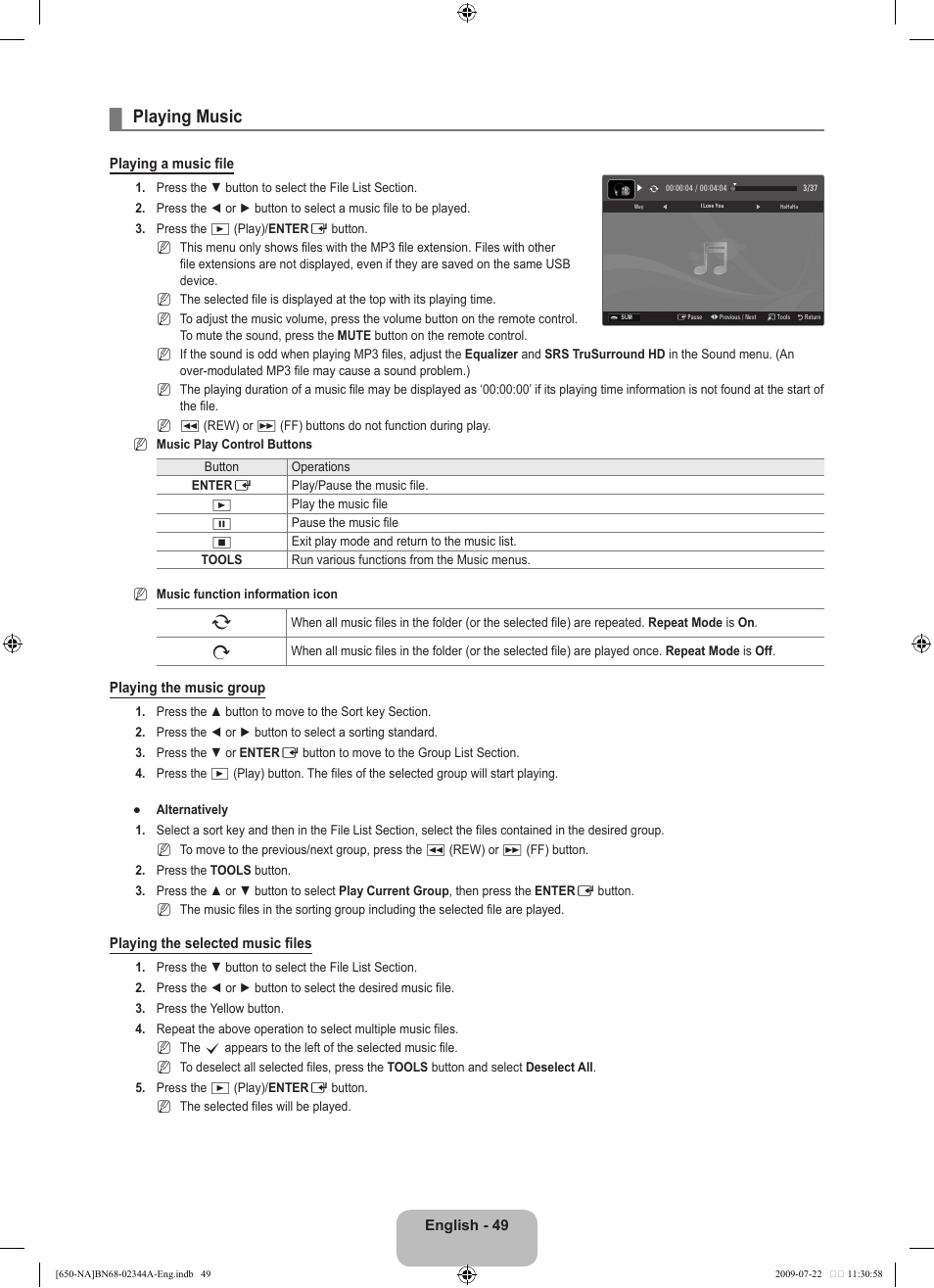 Playing music | Samsung LN65B650X1FXZA User Manual | Page 51 / 286