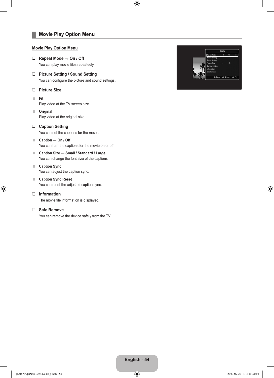 Movie play option menu | Samsung LN65B650X1FXZA User Manual | Page 56 / 286