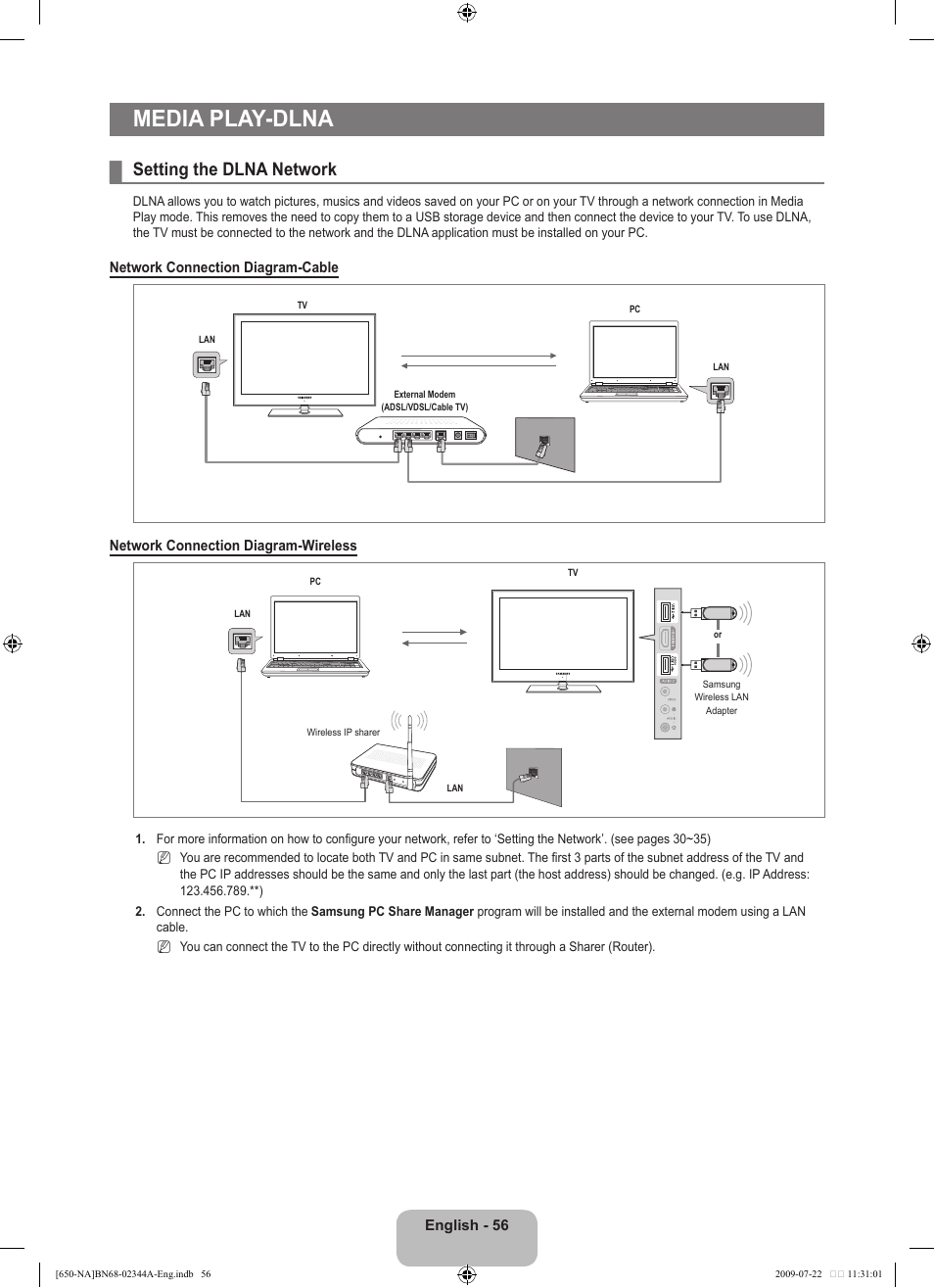 Media play -dlna, Setting the dlna network, Media play-dlna | Samsung LN65B650X1FXZA User Manual | Page 58 / 286