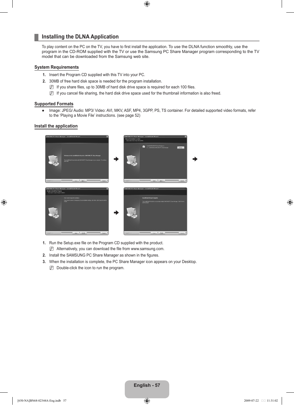 Installing the dlna application | Samsung LN65B650X1FXZA User Manual | Page 59 / 286