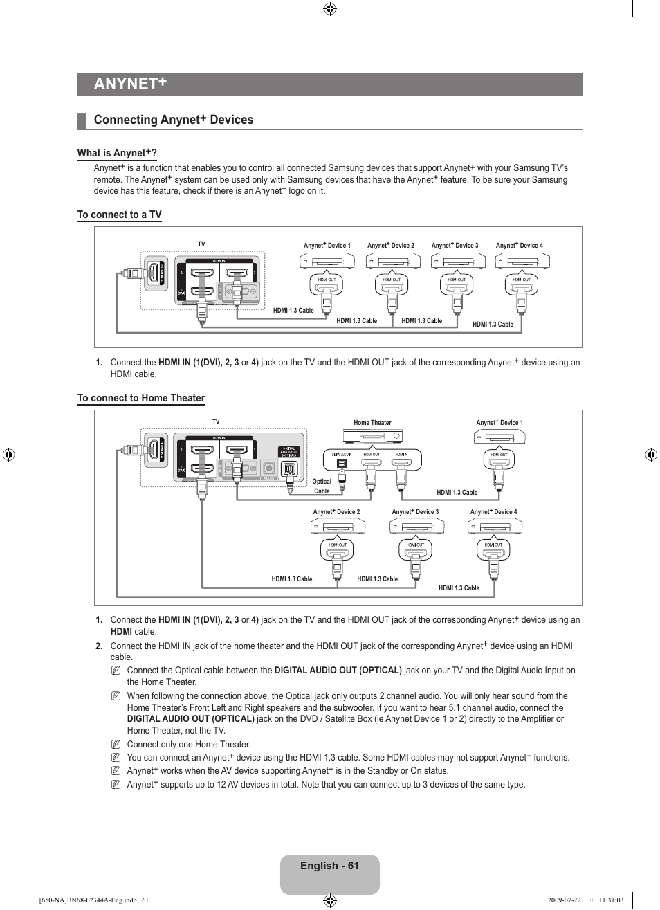 Anynet, Connecting anynet+ devices | Samsung LN65B650X1FXZA User Manual | Page 63 / 286