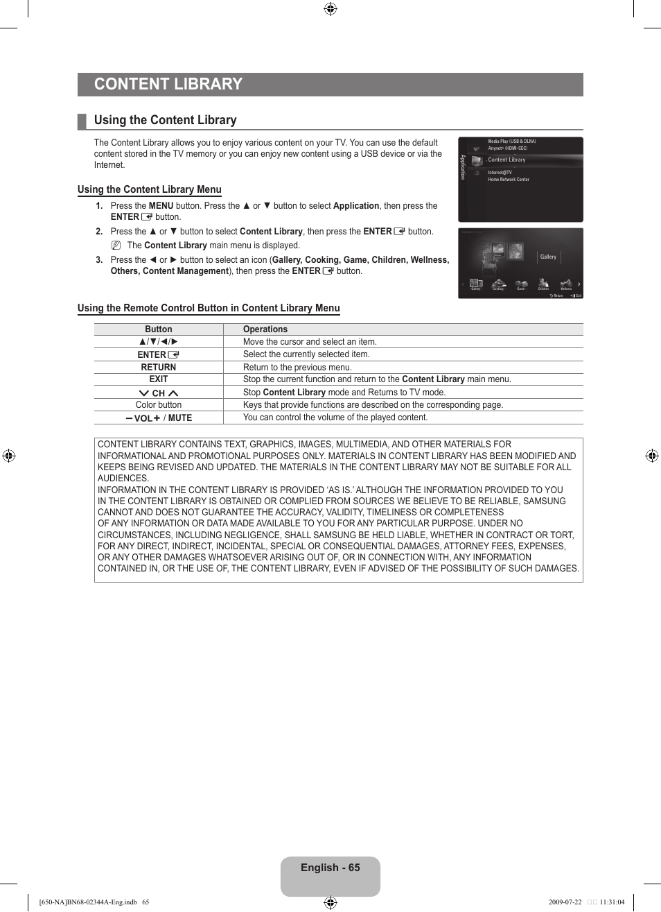 Content library, Using the content library | Samsung LN65B650X1FXZA User Manual | Page 67 / 286