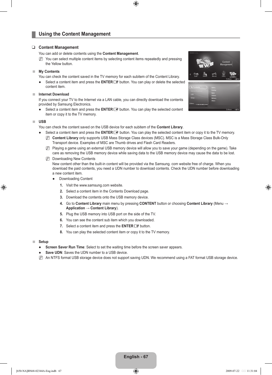 Using the content management, English - 67, Content management | Samsung LN65B650X1FXZA User Manual | Page 69 / 286