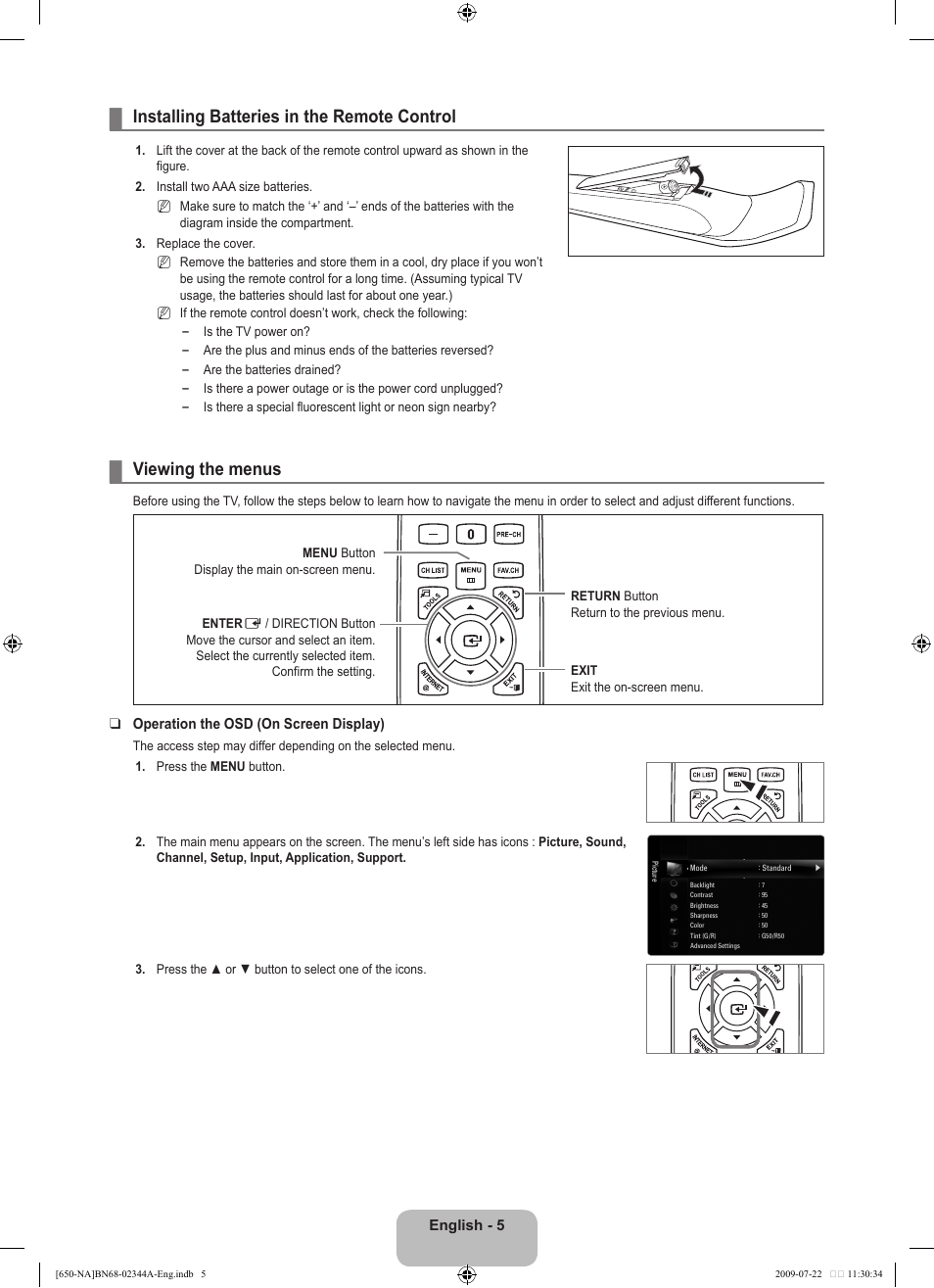 Installing batteries in the remote control, Viewing the menus | Samsung LN65B650X1FXZA User Manual | Page 7 / 286