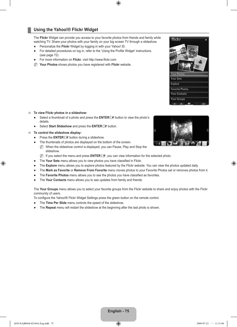 Using the yahoo!® flickr widget | Samsung LN65B650X1FXZA User Manual | Page 77 / 286