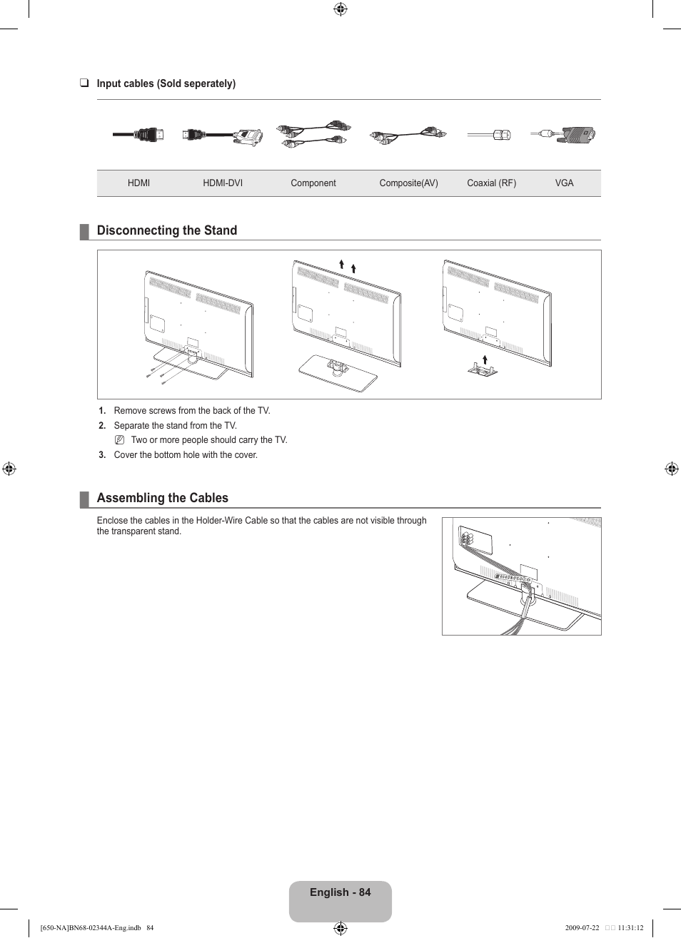 Disconnecting the stand, Assembling the cables | Samsung LN65B650X1FXZA User Manual | Page 86 / 286