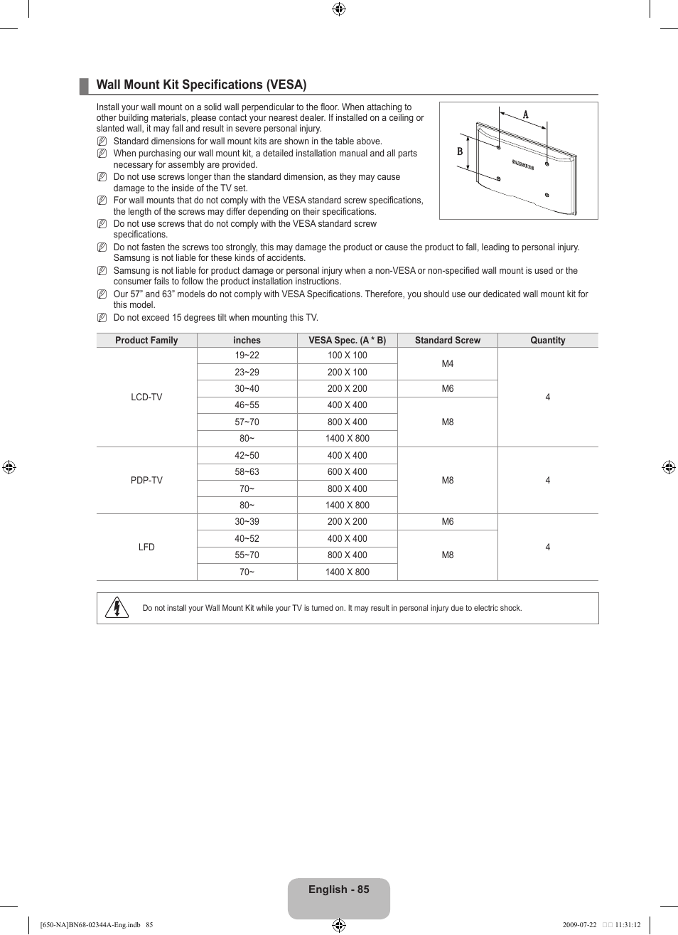 Wall mount kit specifications (vesa) | Samsung LN65B650X1FXZA User Manual | Page 87 / 286