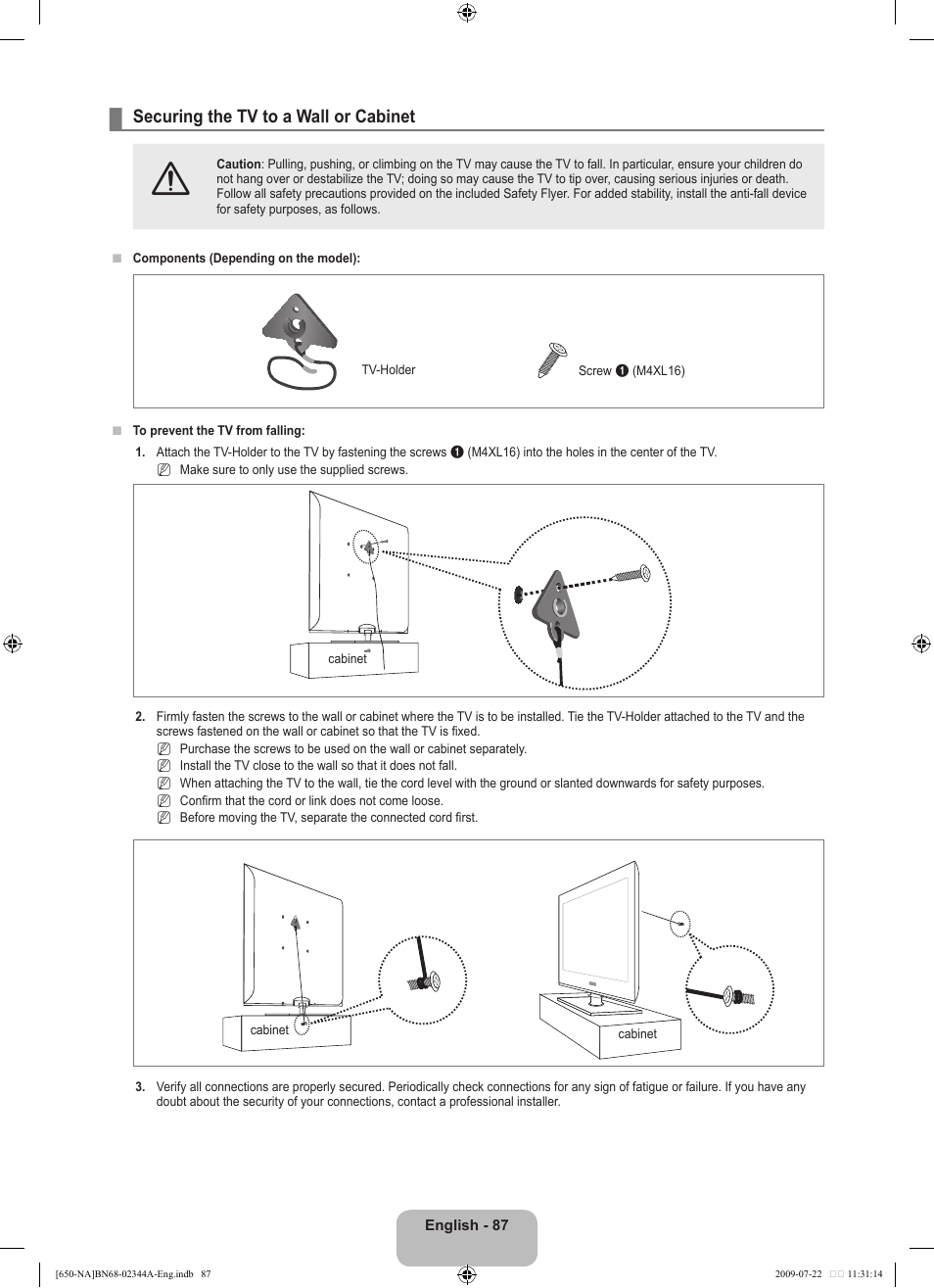 Securing the tv to a wall or cabinet | Samsung LN65B650X1FXZA User Manual | Page 89 / 286