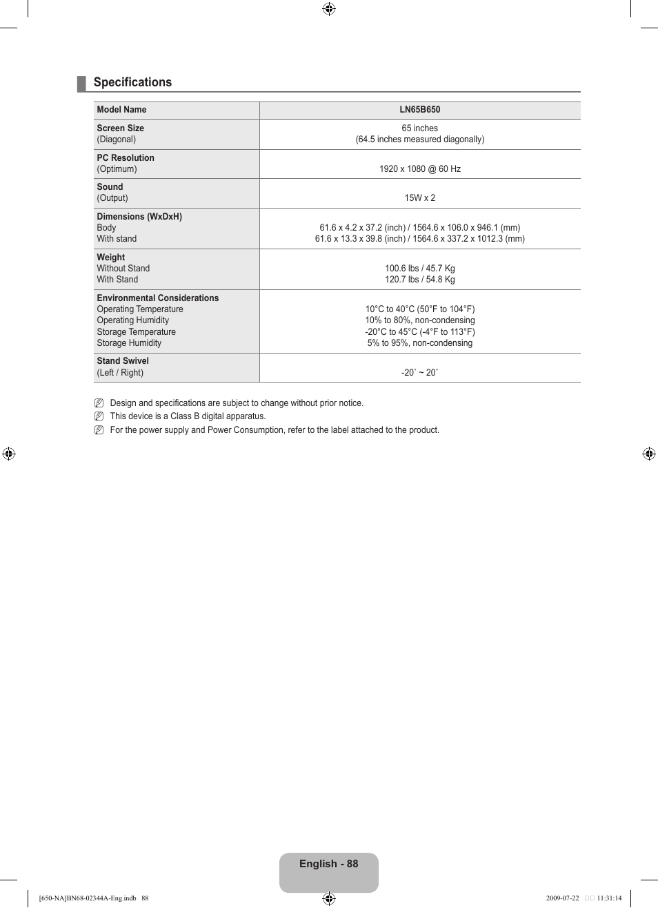 Specifications | Samsung LN65B650X1FXZA User Manual | Page 90 / 286