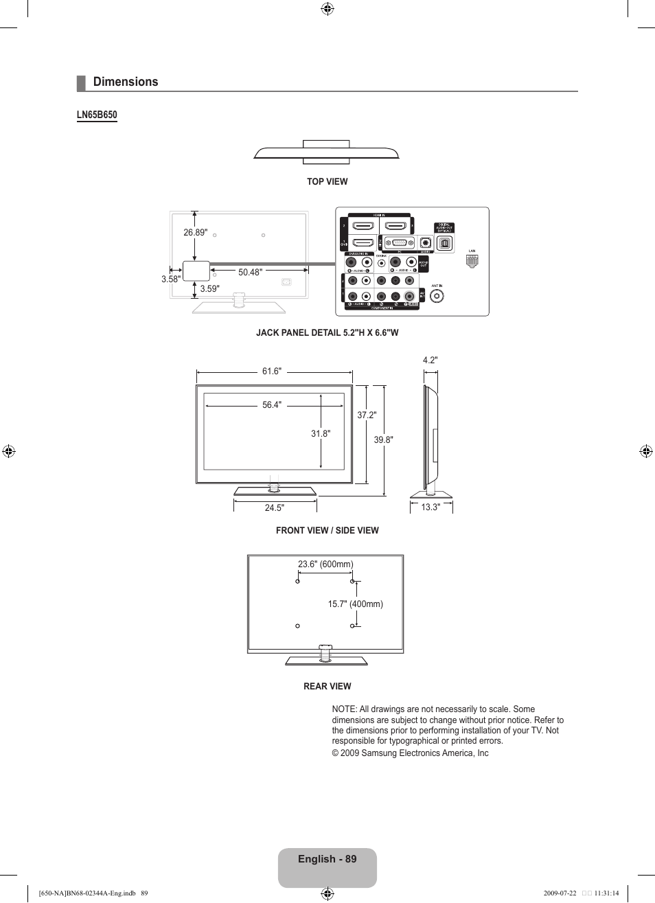 Dimensions | Samsung LN65B650X1FXZA User Manual | Page 91 / 286