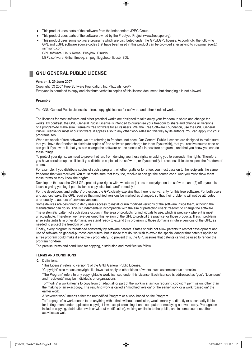 Gnu general public license | Samsung LN65B650X1FXZA User Manual | Page 92 / 286