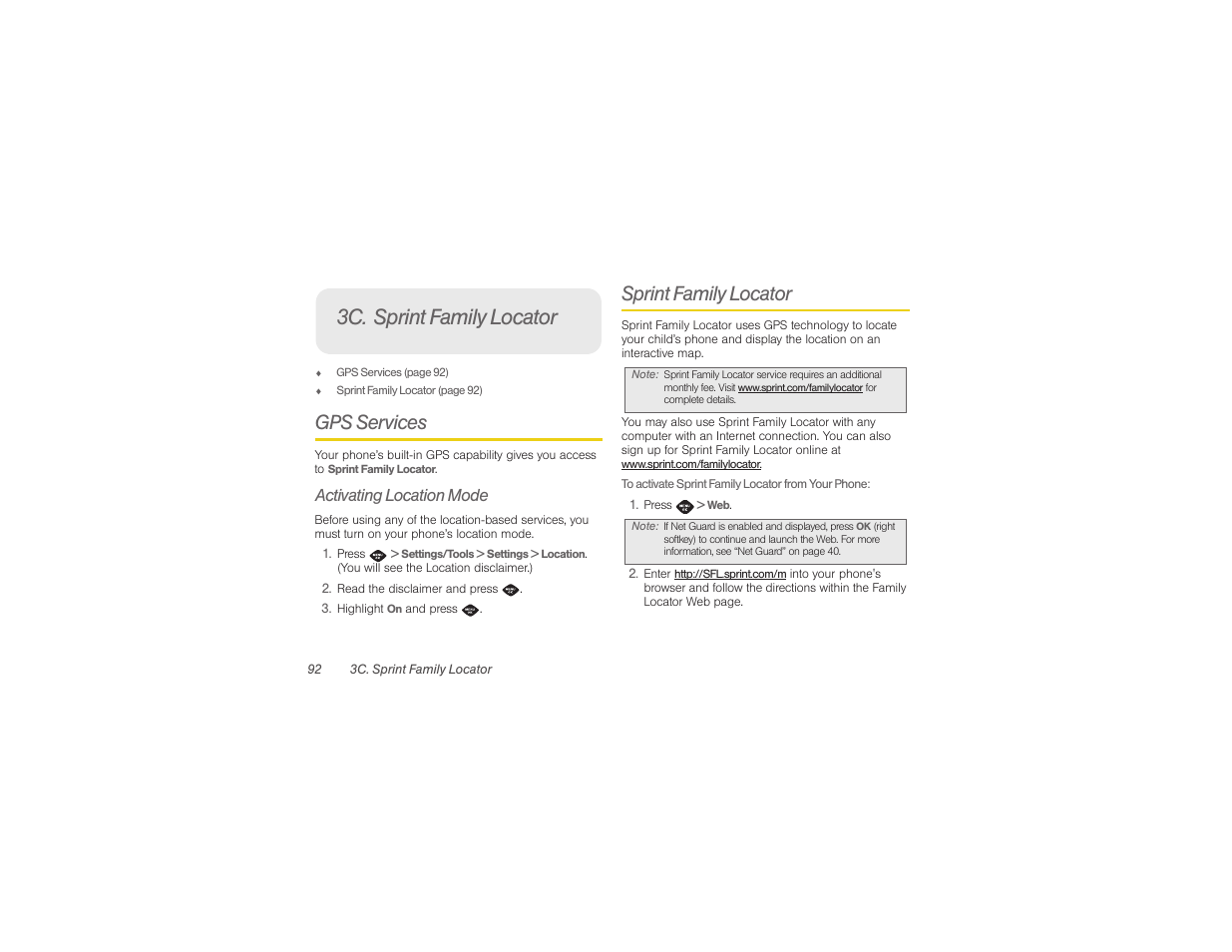 3c. sprint family locator, Gps services, Activating location mode | Sprint family locator | Samsung SPH-M360ZKASPR User Manual | Page 102 / 124