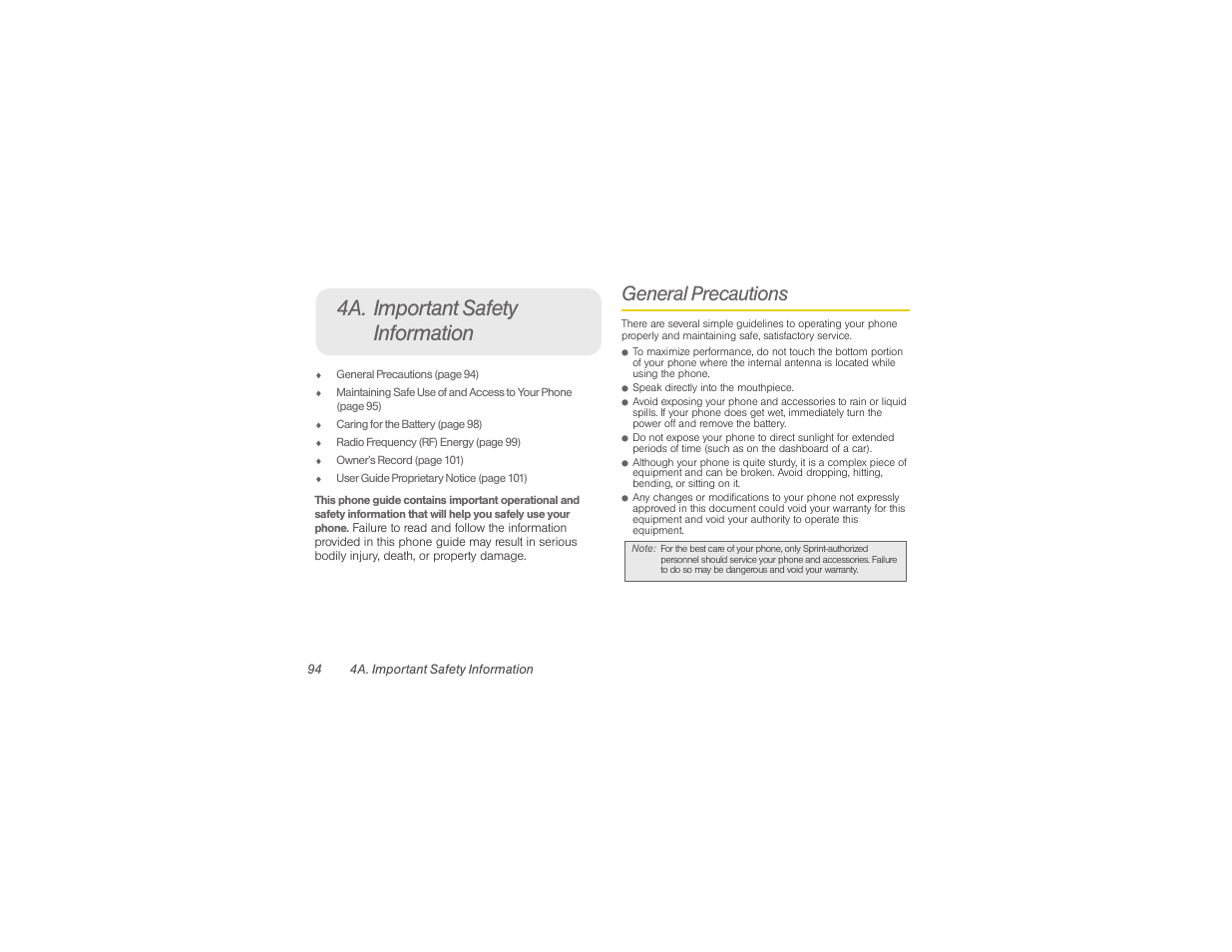 4a. important safety information, General precautions | Samsung SPH-M360ZKASPR User Manual | Page 104 / 124