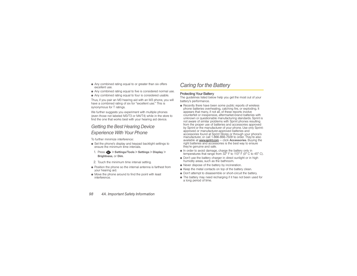 Caring for the battery | Samsung SPH-M360ZKASPR User Manual | Page 108 / 124