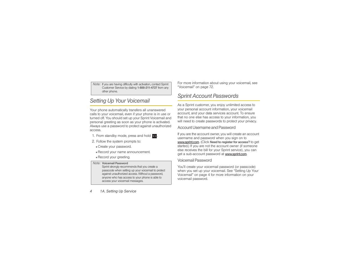 Setting up your voicemail, Sprint account passwords | Samsung SPH-M360ZKASPR User Manual | Page 14 / 124