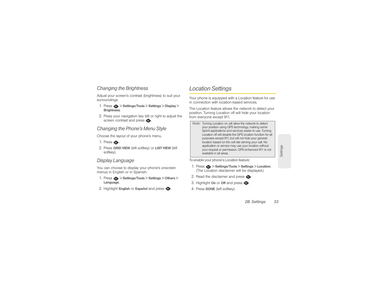 Changing the brightness, Changing the phone’s menu style, Display language | Location settings | Samsung SPH-M360ZKASPR User Manual | Page 43 / 124