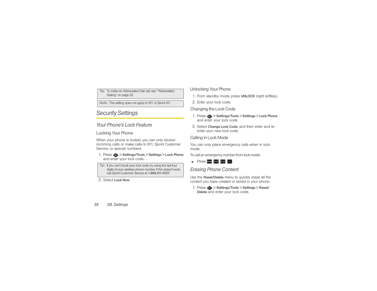 Security settings, Your phone’s lock feature, Erasing phone content | Samsung SPH-M360ZKASPR User Manual | Page 48 / 124