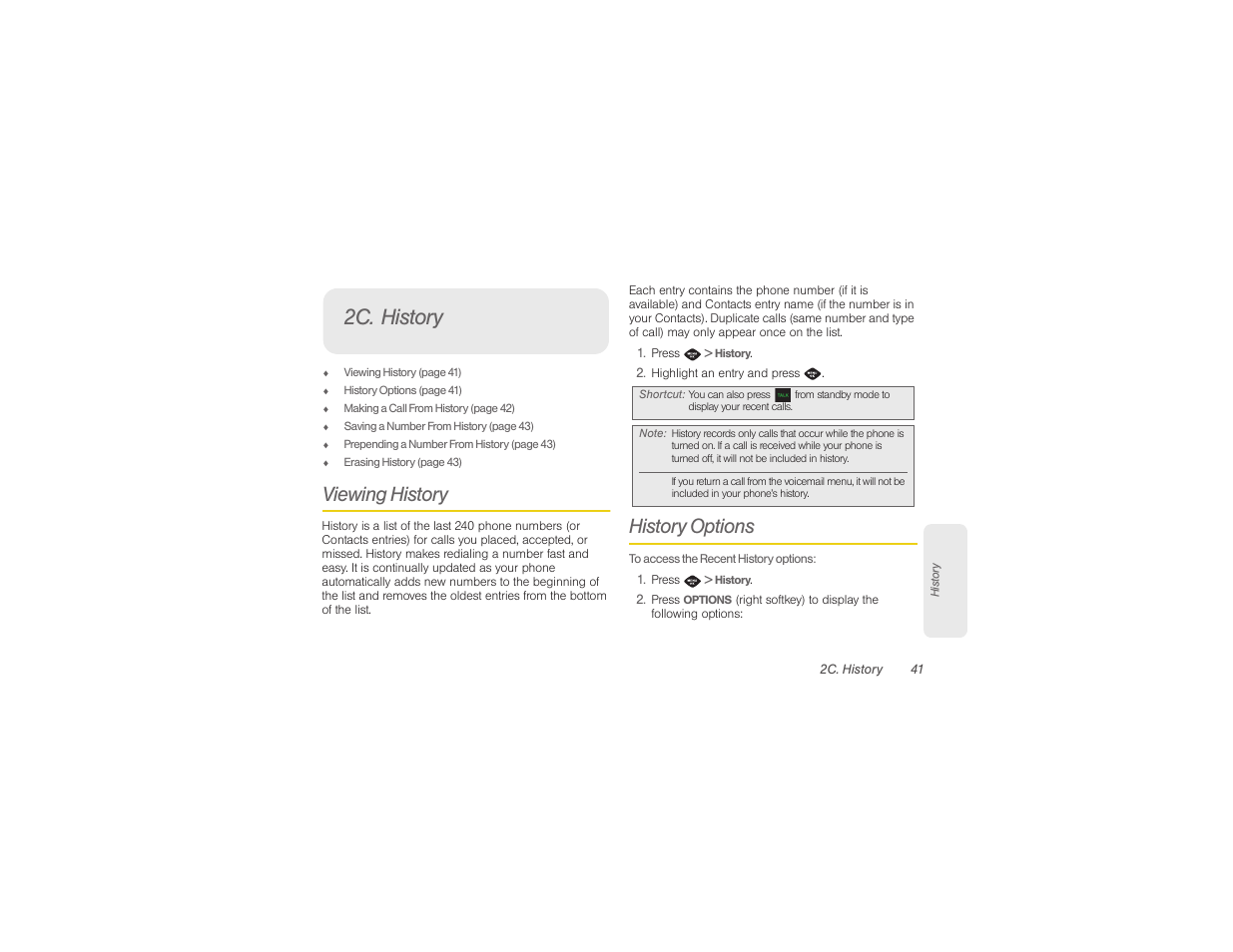 2c. history, Viewing history, History options | Samsung SPH-M360ZKASPR User Manual | Page 51 / 124