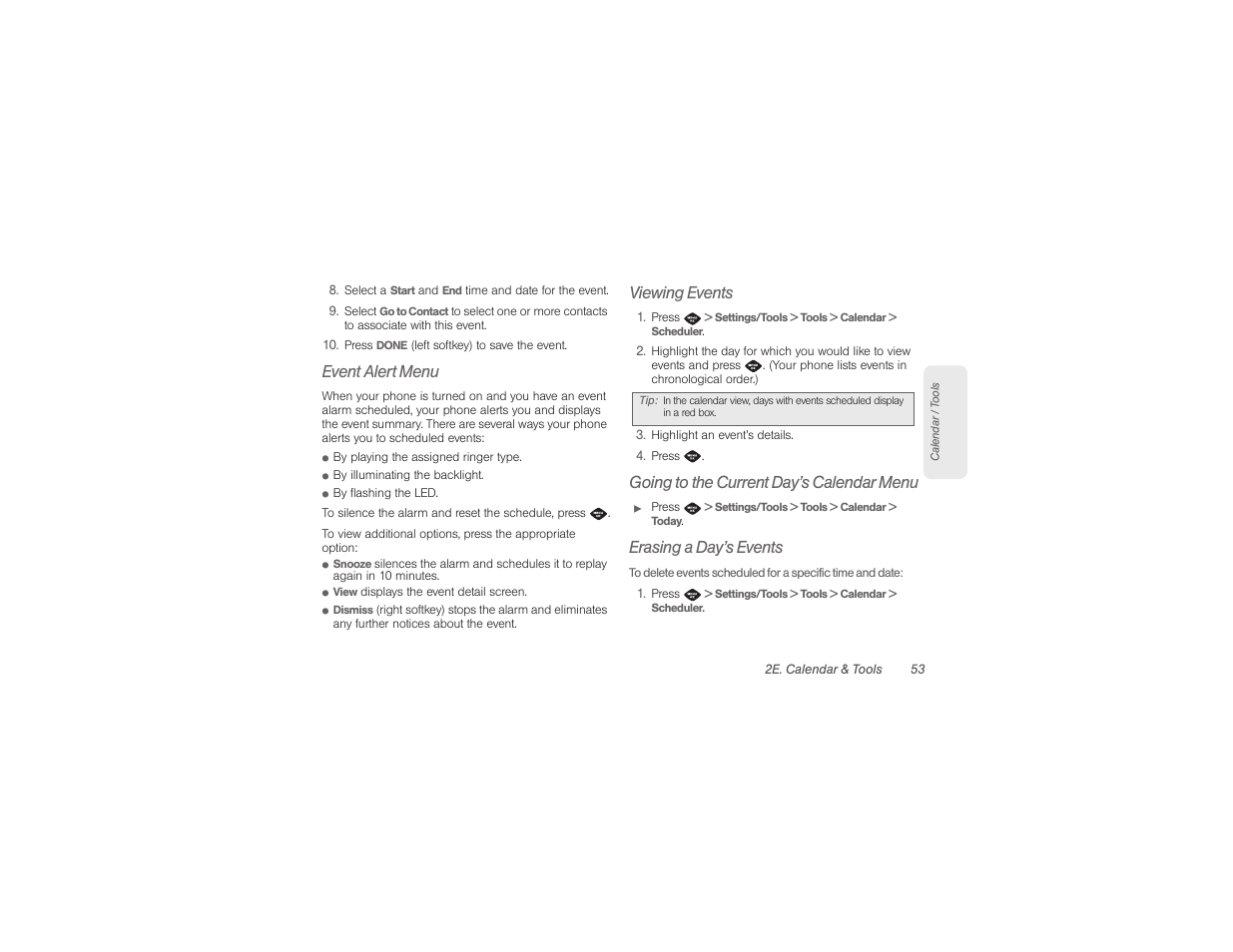 Event alert menu, Viewing events, Going to the current day’s calendar menu | Erasing a day’s events | Samsung SPH-M360ZKASPR User Manual | Page 63 / 124