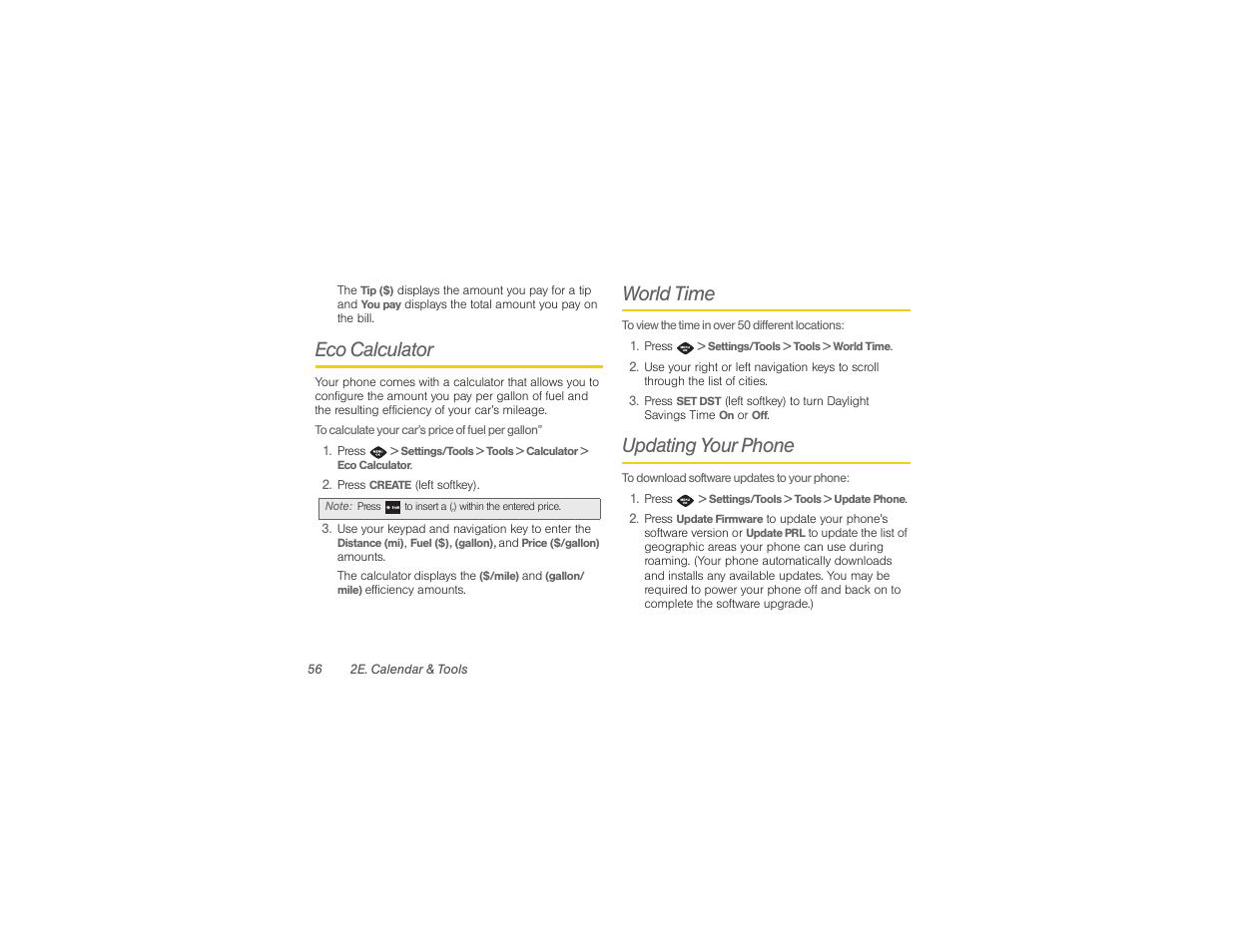 Eco calculator, World time, Updating your phone | Samsung SPH-M360ZKASPR User Manual | Page 66 / 124