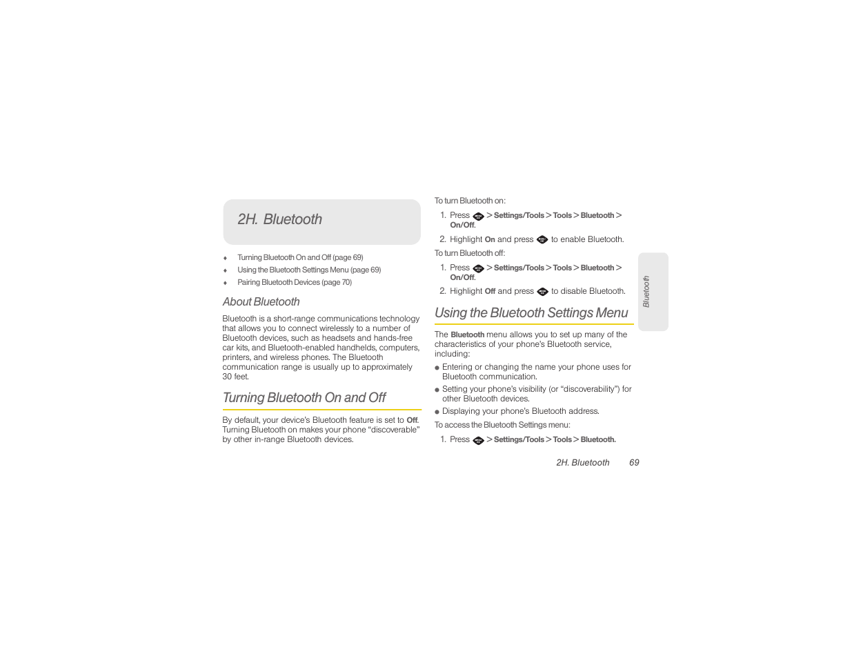 2h. bluetooth, About bluetooth, Turning bluetooth on and off | Using the bluetooth settings menu | Samsung SPH-M360ZKASPR User Manual | Page 79 / 124