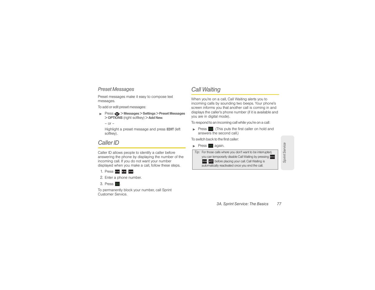 Preset messages, Caller id, Call waiting | Samsung SPH-M360ZKASPR User Manual | Page 87 / 124