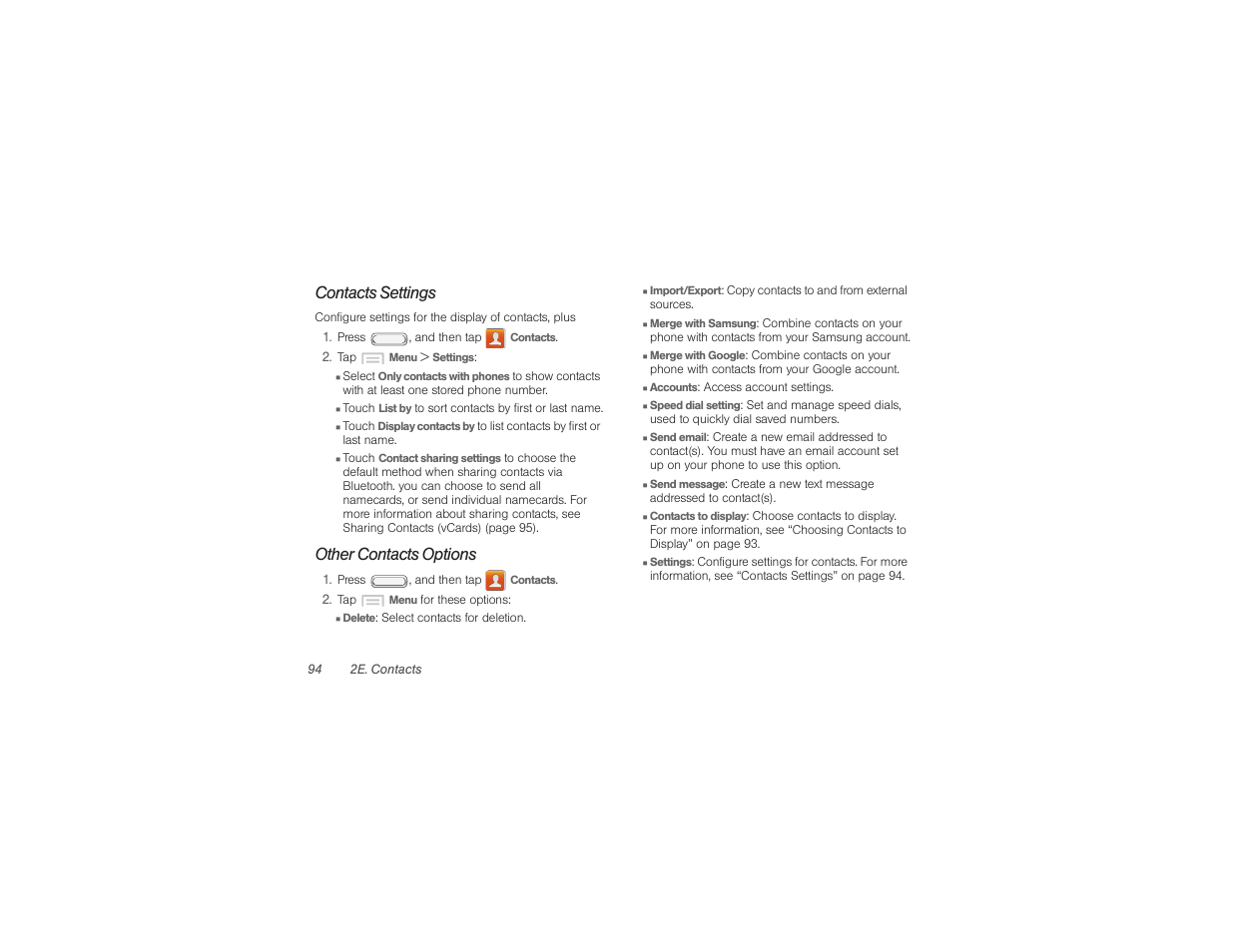 Contacts settings, Other contacts options | Samsung SPH-M840UWABST User Manual | Page 103 / 193