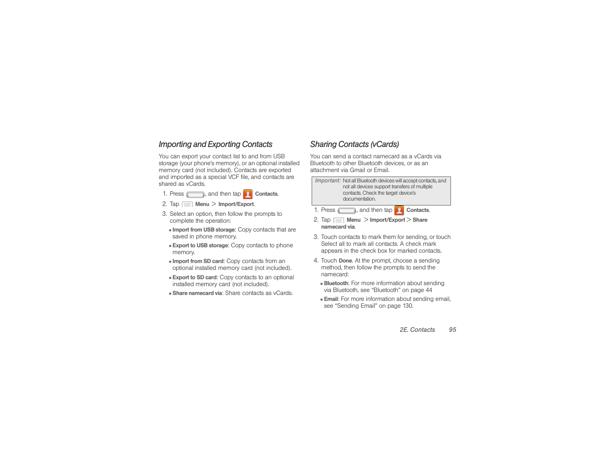 Importing and exporting contacts, Sharing contacts (vcards) | Samsung SPH-M840UWABST User Manual | Page 104 / 193