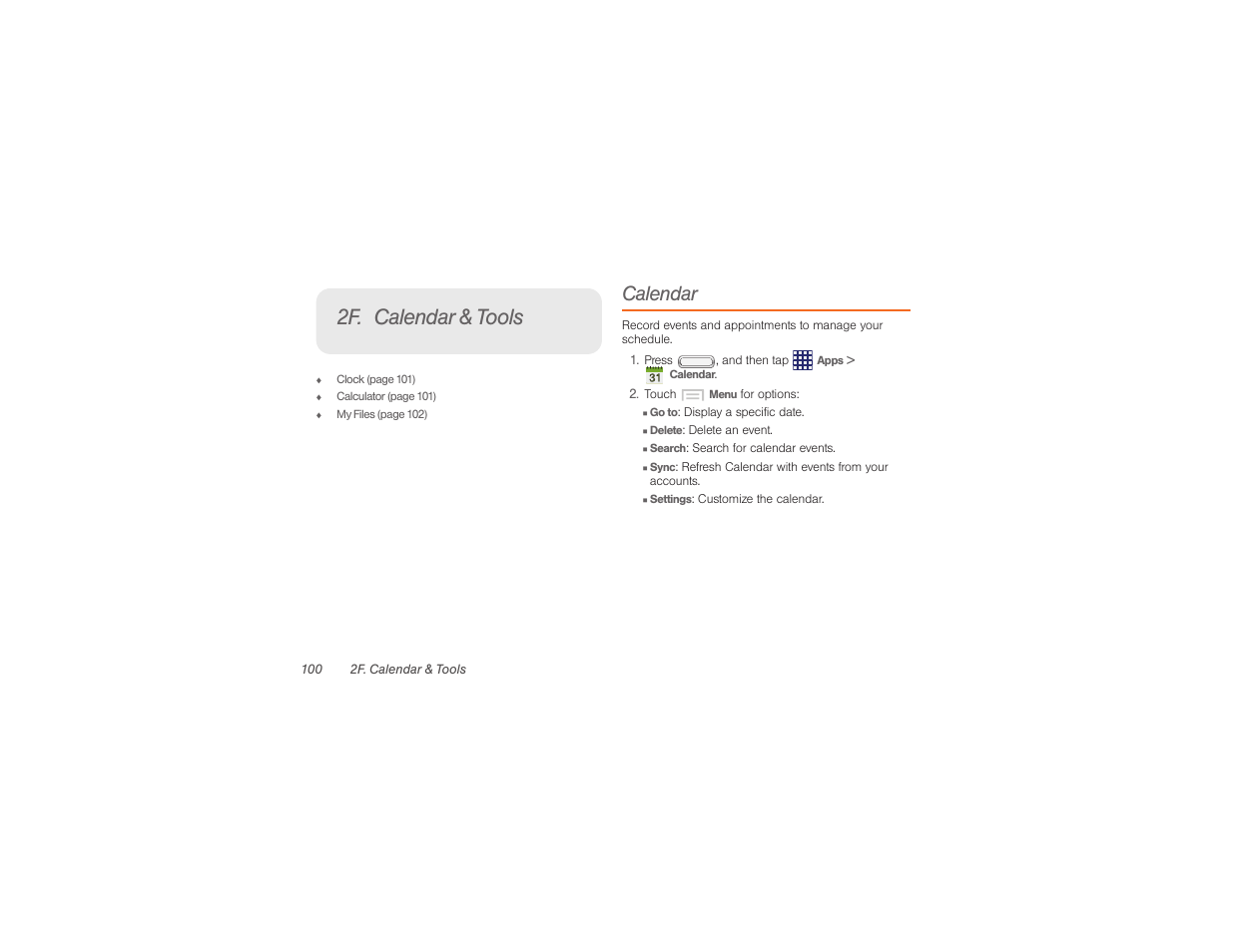 2f. calendar & tools, Calendar | Samsung SPH-M840UWABST User Manual | Page 109 / 193