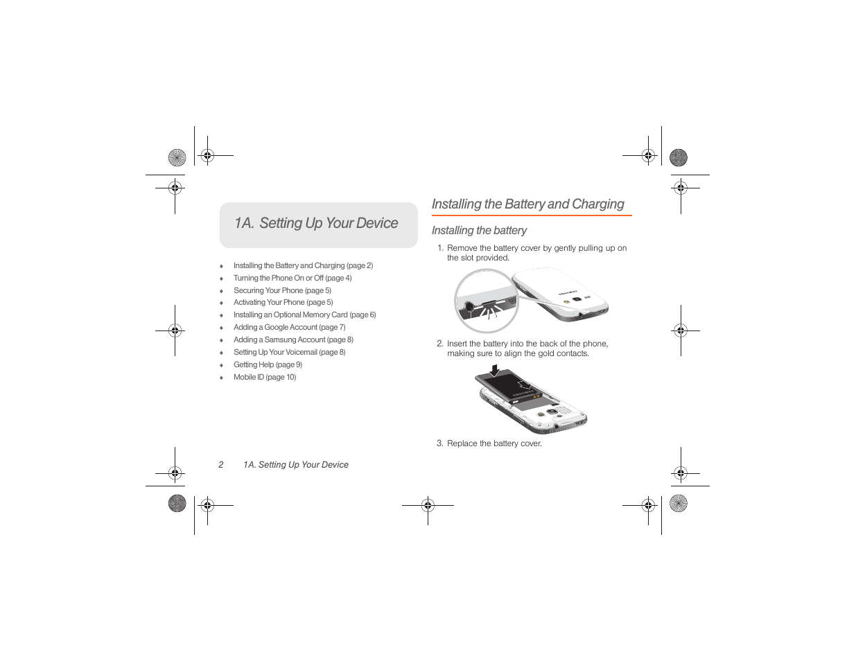 1a. setting up your device, Installing the battery and charging, Installing the battery | Samsung SPH-M840UWABST User Manual | Page 11 / 193