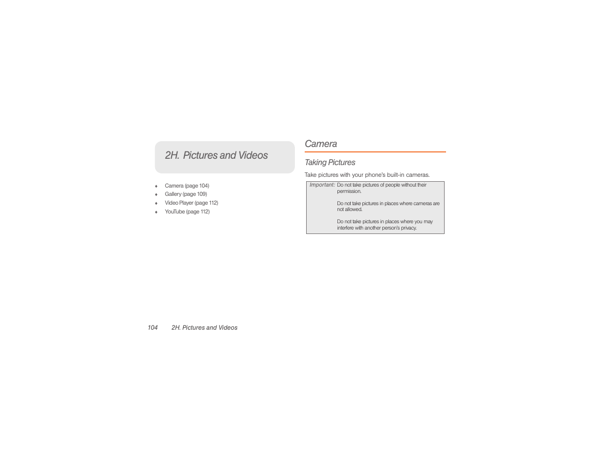 2h. pictures and videos, Camera, Taking pictures | Samsung SPH-M840UWABST User Manual | Page 113 / 193