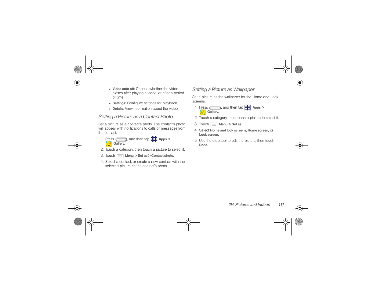 Setting a picture as a contact photo, Setting a picture as wallpaper | Samsung SPH-M840UWABST User Manual | Page 120 / 193