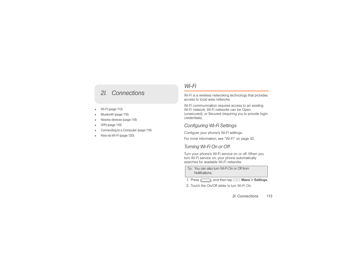 2i. connections, Wi-fi, Configuring wi-fi settings | Turning wi-fi on or off | Samsung SPH-M840UWABST User Manual | Page 122 / 193