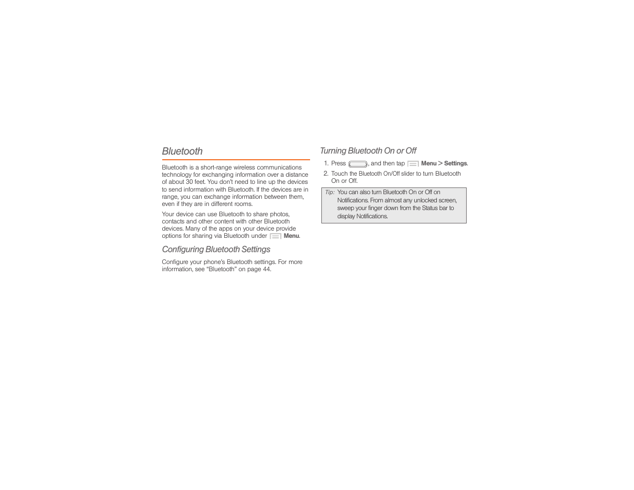 Bluetooth, Configuring bluetooth settings, Turning bluetooth on or off | Samsung SPH-M840UWABST User Manual | Page 125 / 193