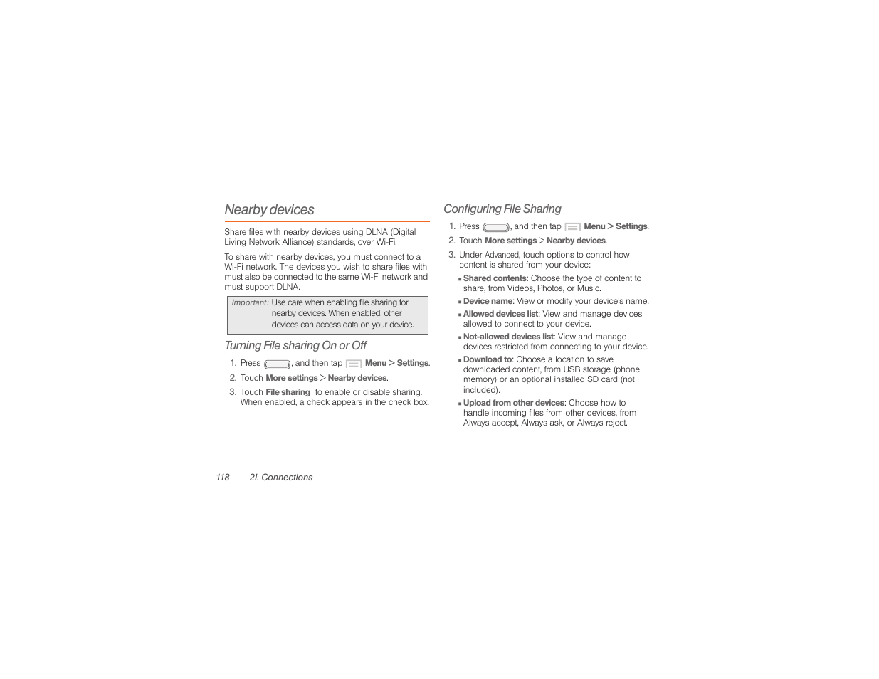Nearby devices, Turning file sharing on or off, Configuring file sharing | Samsung SPH-M840UWABST User Manual | Page 127 / 193