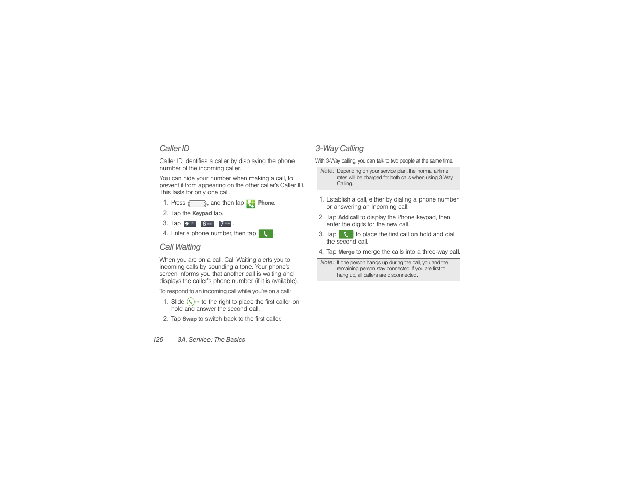 Caller id, Call waiting, Way calling | Samsung SPH-M840UWABST User Manual | Page 135 / 193