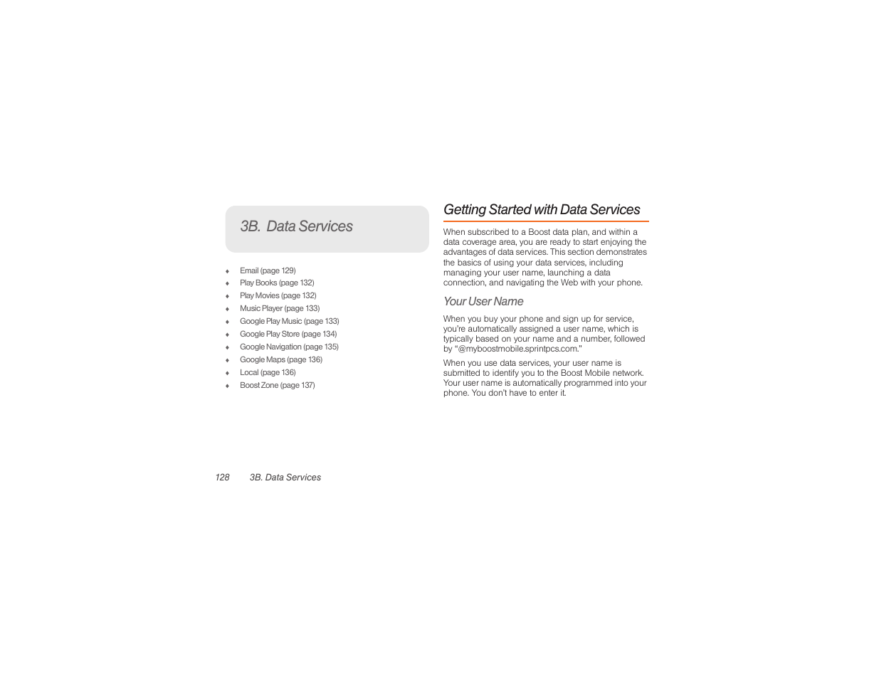 3b. data services, Getting started with data services, Your user name | Samsung SPH-M840UWABST User Manual | Page 137 / 193