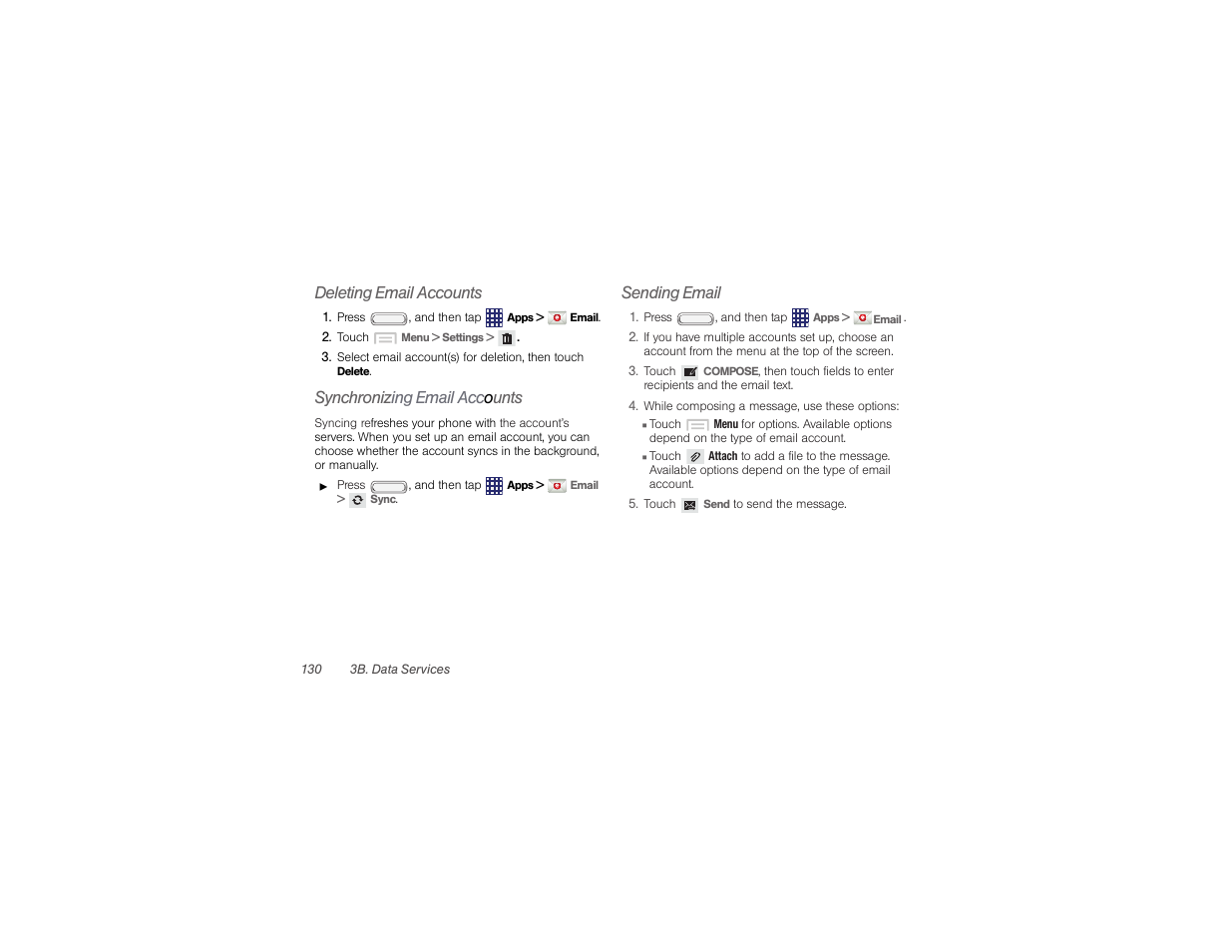 Deleting email accounts, Synchroniz ing email acc o unts, Sending email | Samsung SPH-M840UWABST User Manual | Page 139 / 193