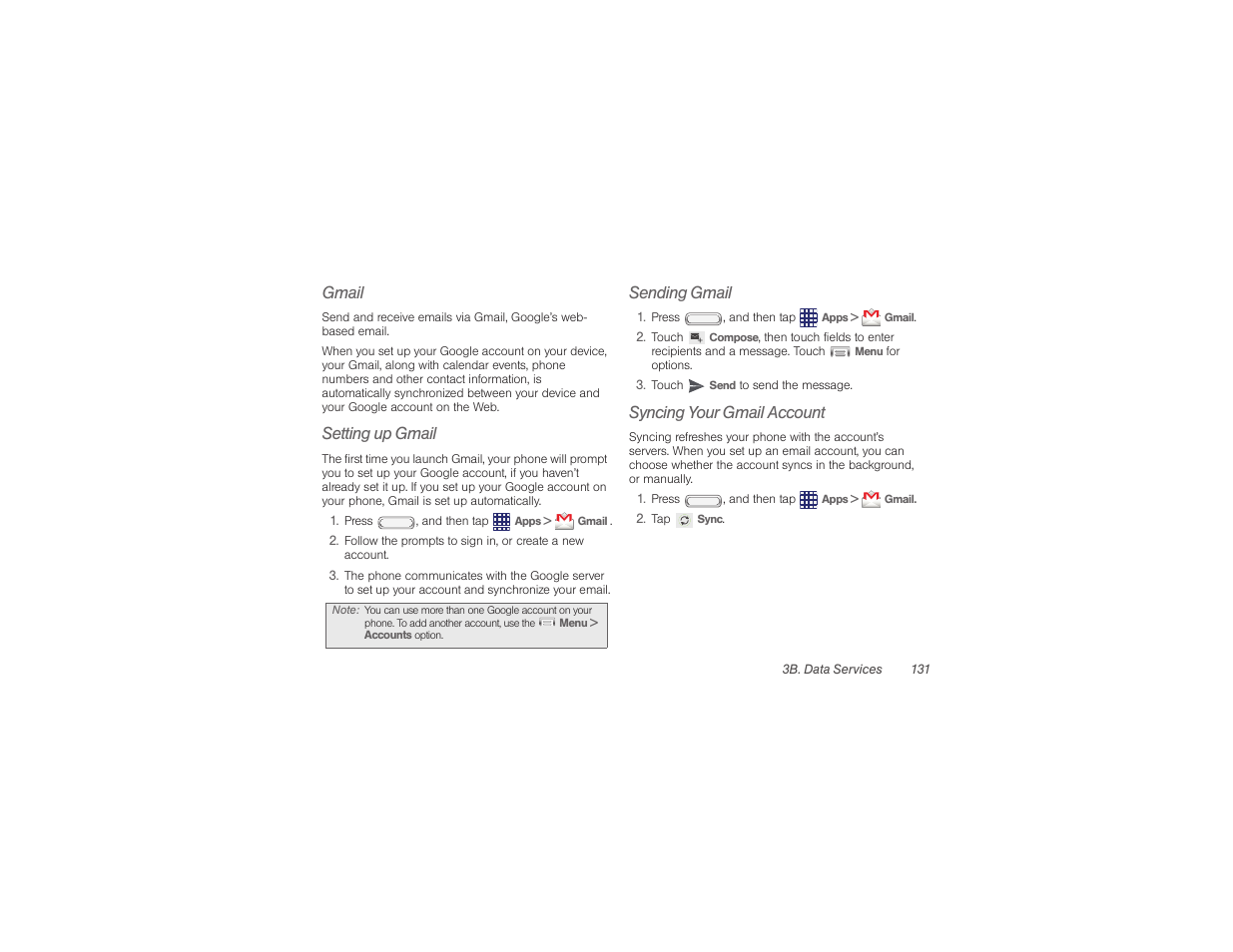 Gmail, Setting up gmail, Sending gmail | Syncing your gmail account | Samsung SPH-M840UWABST User Manual | Page 140 / 193