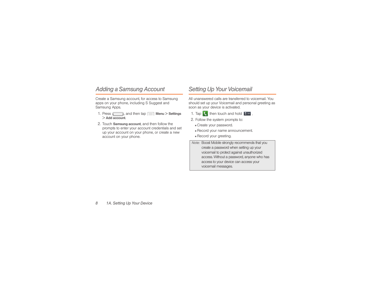 Adding a samsung account, Setting up your voicemail | Samsung SPH-M840UWABST User Manual | Page 17 / 193